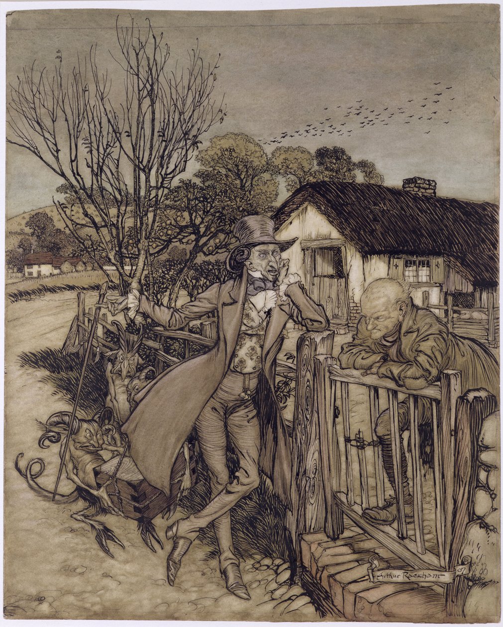 A Bargain With the Devil, 1907 (wc, penna och bläck på papper) av Arthur Rackham