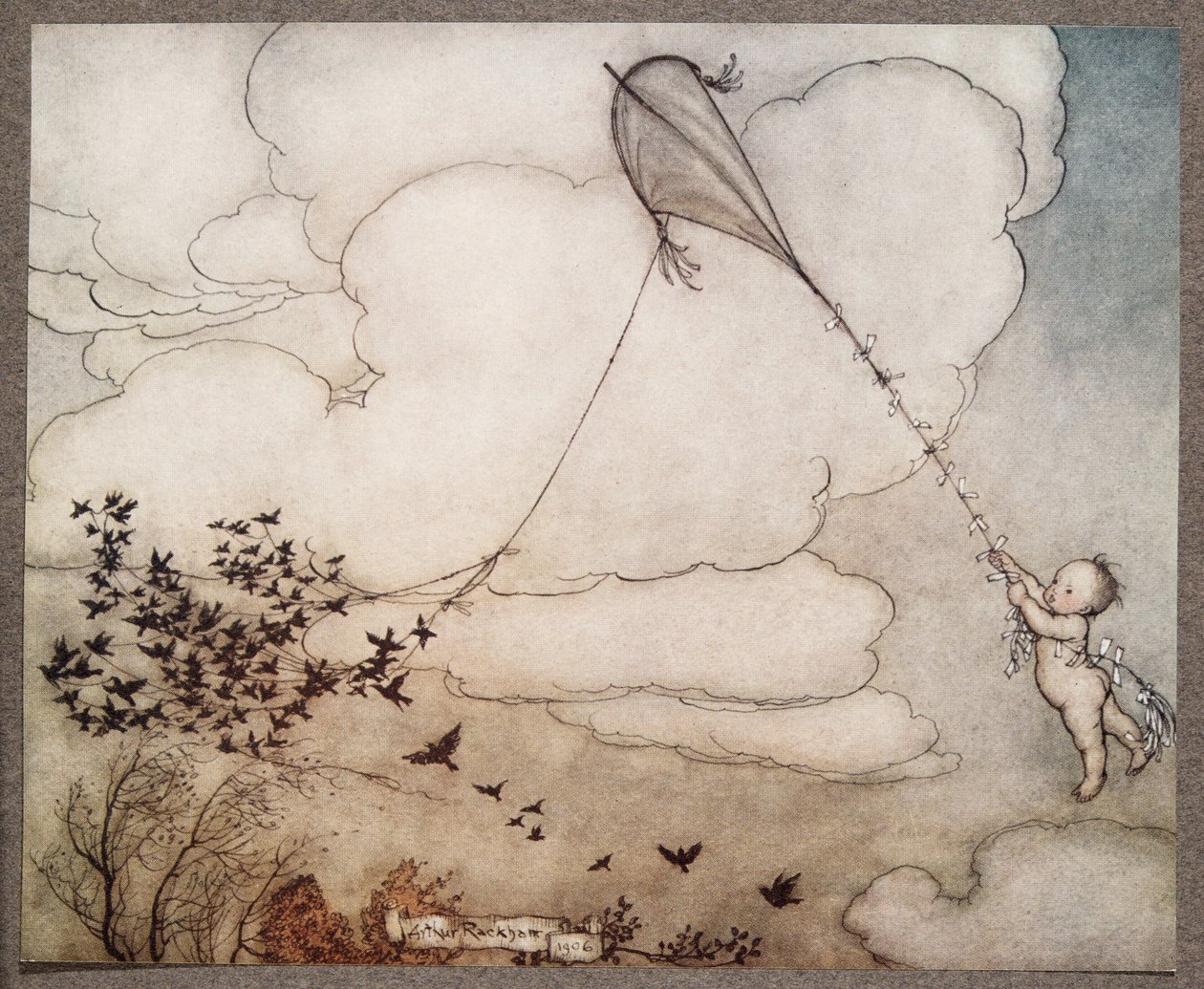 Hundra flög iväg med snöret och Peter höll fast vid svansen, från Peter Pan i Kensington Gardens av J M Barrie (1860 - 1937), pub. 1906 av Arthur Rackham