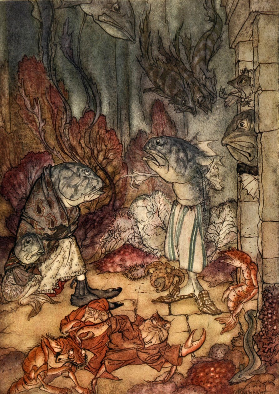 En fjällig uppsättning rackare, illustration från "A Wonder Book for Girls and Boys" av Nathaniel Hawthorne, 1928 av Arthur Rackham