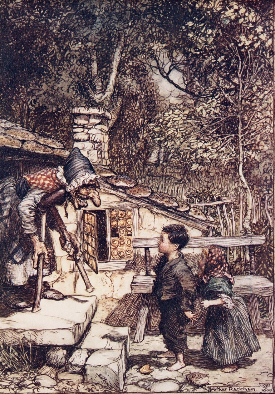 Plötsligt öppnades dörren och en gammal, gammal kvinna, försörjande på en krycka, kom trasslande ut ?, från The Fairy Tales of the Brothers Grimm, puben. 1909 av Arthur Rackham