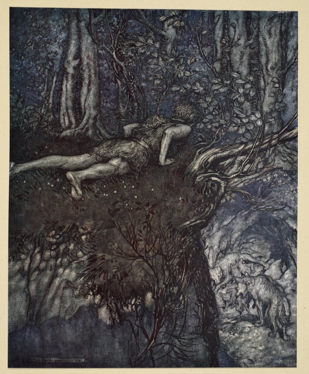 "Och där lärde jag mig hur kärlek är", illustration från "Siegfried och gudarnas skymning", 1924 av Arthur Rackham