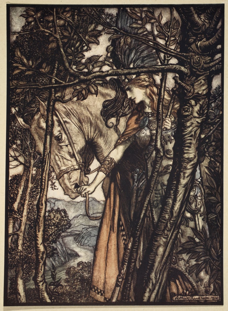 Brunnhilde leder sakta och tyst sin häst nedför stigen till grottan, illustration från 