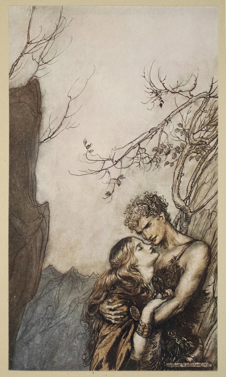 Brunnhilde kastar sig i Siegfrieds famn, illustration från 
