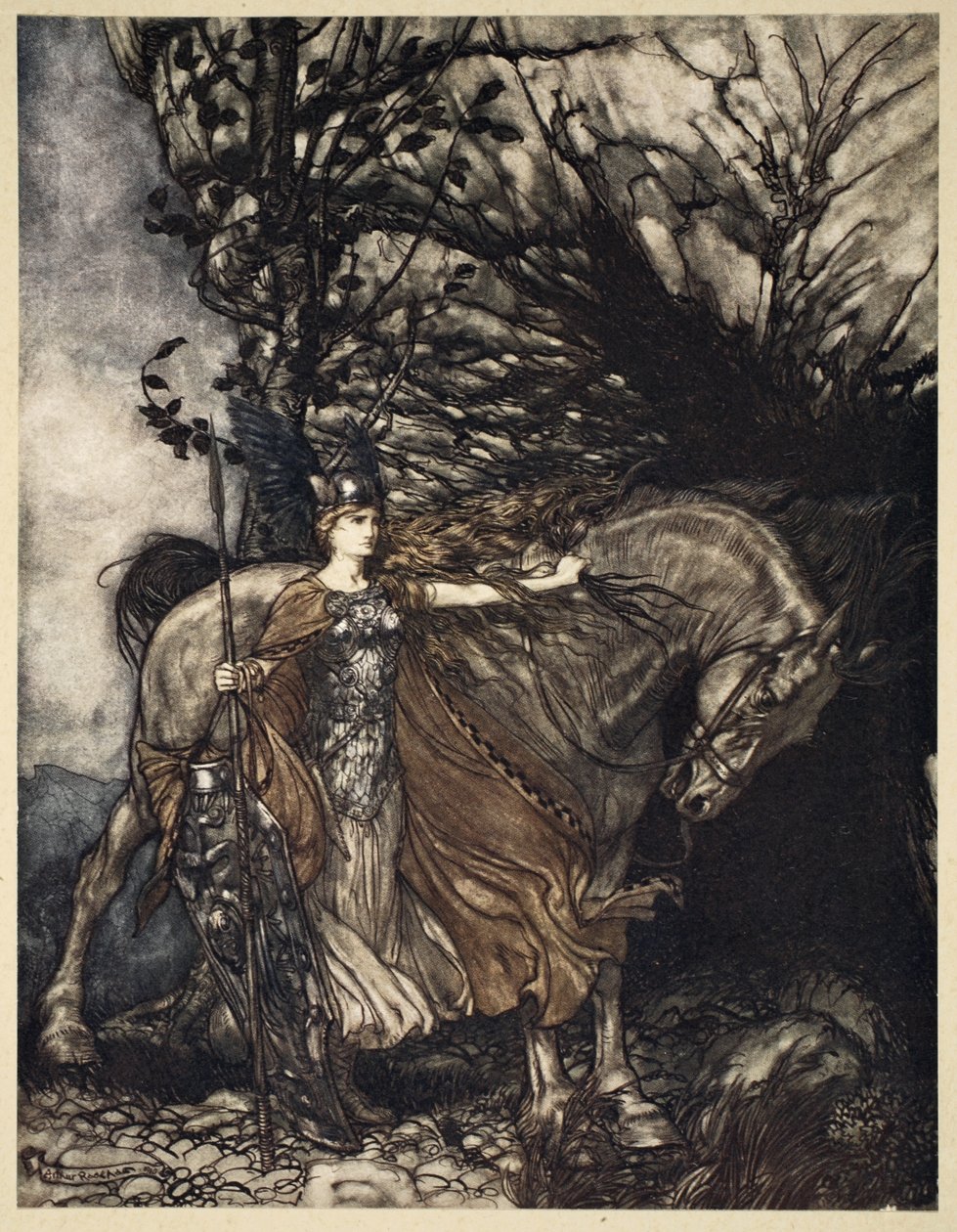 Brunnhilde med sin häst vid grottans mynning, illustration från "Rhinegold och Valkyrian", 1910 av Arthur Rackham