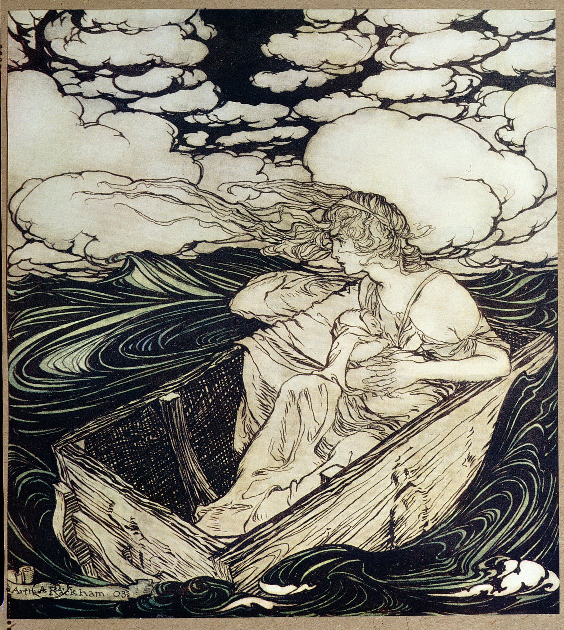 Danae och hennes son Perseus, 1903 av Arthur Rackham