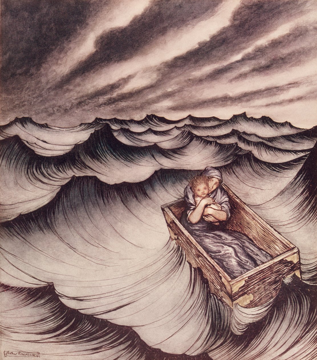 Danae och hennes son Perseus satte i en kista och kastade i havet, 1914 av Arthur Rackham