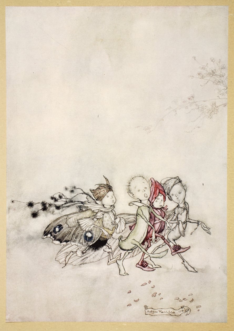 Enter Peasebottom, Cobweb, Moth och Mustardseed, illustration från "Midsummer Nights Dream" av William Shakespeare, 1908 av Arthur Rackham