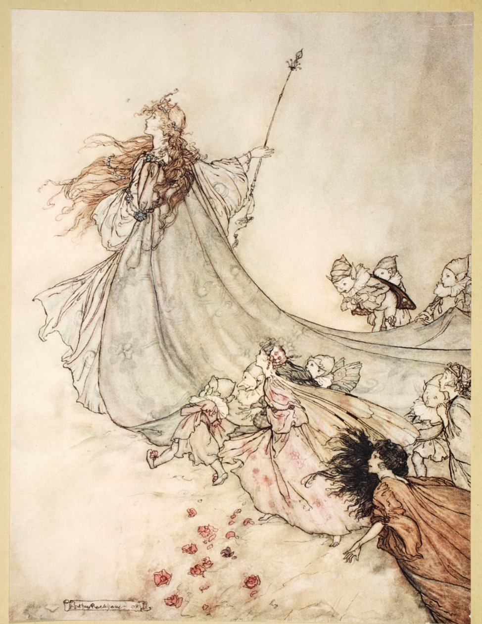 ..älvor borta! Vi kommer rent ut att bestrida, om jag stannar längre, illustration från "Midsummer Nights Dream" av William Shakespeare, 1908 av Arthur Rackham