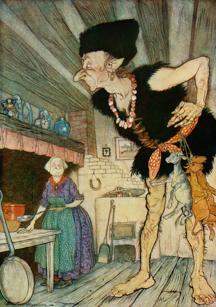 Fee fi fo fum I smell the blood of an Englishman, illustration från Jack and the Beanstalk från English Fairy Tales Retold by F.A. Steel, 1927 av Arthur Rackham
