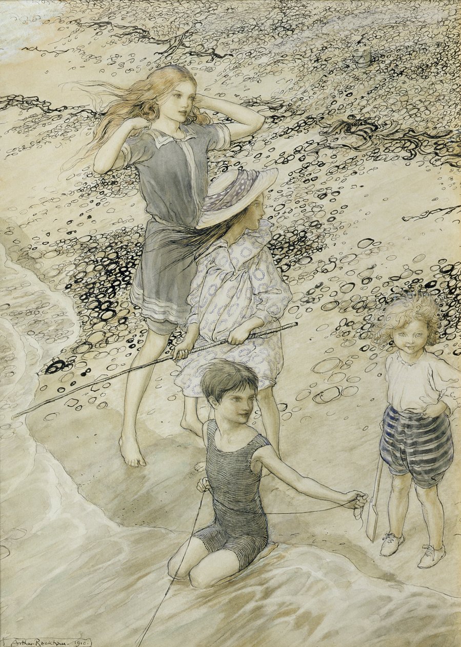 Fyra barn vid stranden, 1910 av Arthur Rackham