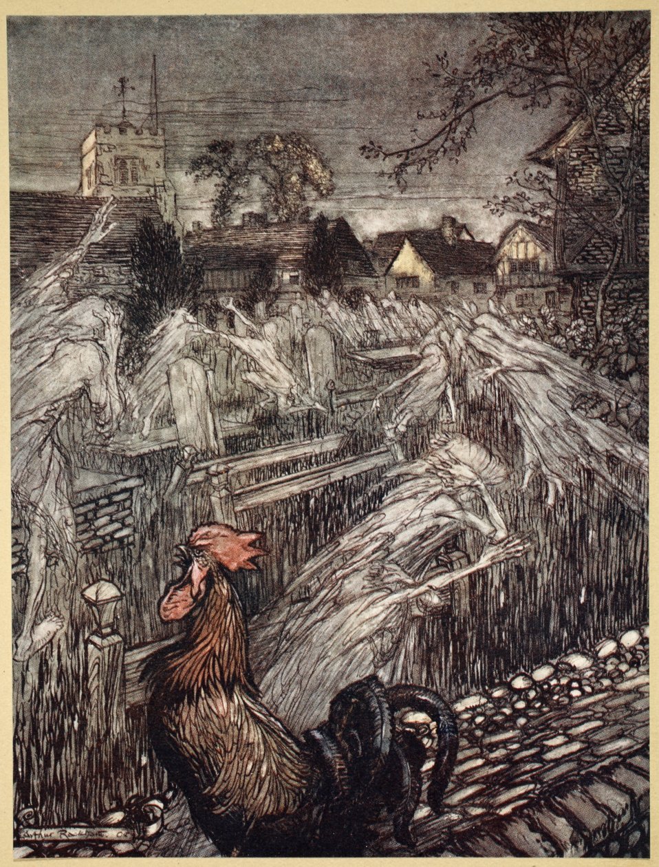 ..Spöken, vandrar hit och dit, trupp hem till kyrkogårdar, illustration från 