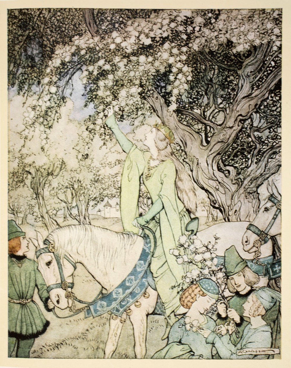 Hur drottning Guenever red in i skogarna och fälten bredvid Westminster, illustration från "The romance of King Arthur and his knights of the Round Table" av Alfred W. Pollard, 1910 (färg lith) av Arthur Rackham