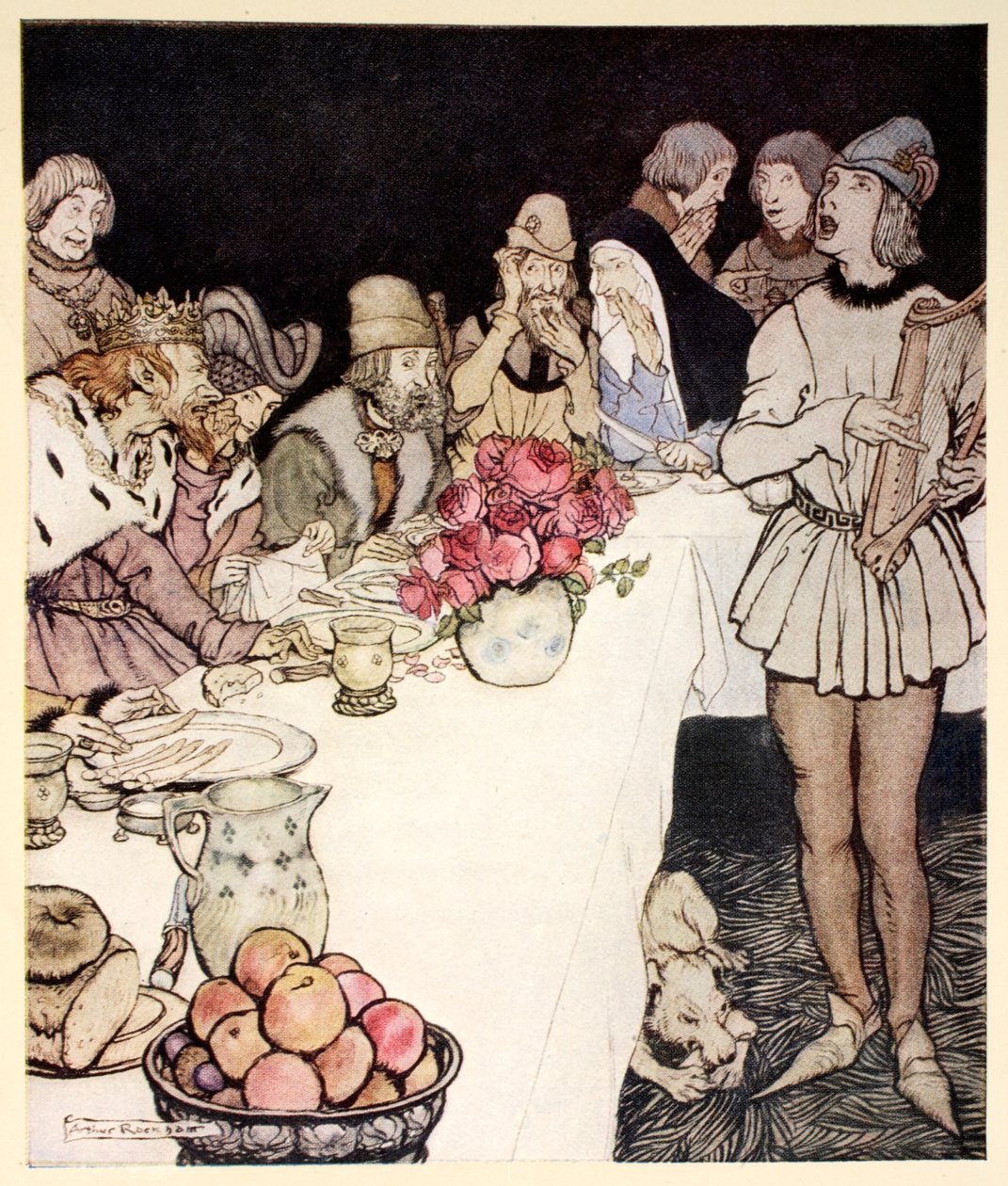 Hur vid en stor fest som kung Mark gjorde kom harparen Eliot och sjöng leken som Dinalan hade gjort, illustration från 
