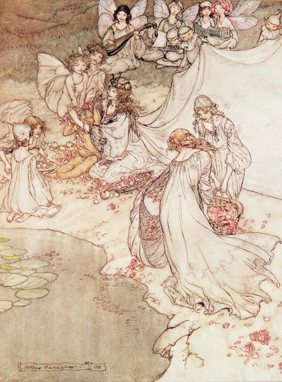 Illustration för en saga, sagodrottning som täcker ett barn med blommor av Arthur Rackham