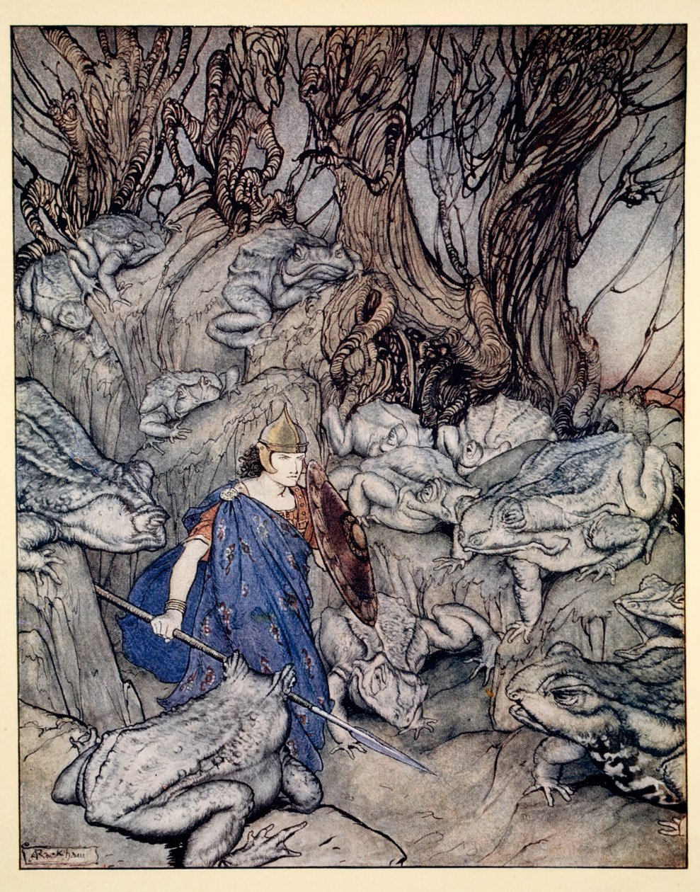 I den gafflade glänta som han gled in i vid mörkrets inbrott var han omgiven av jättepaddor, illustration från "Irish Fairy Tales" av James Stephens, 1920. av Arthur Rackham