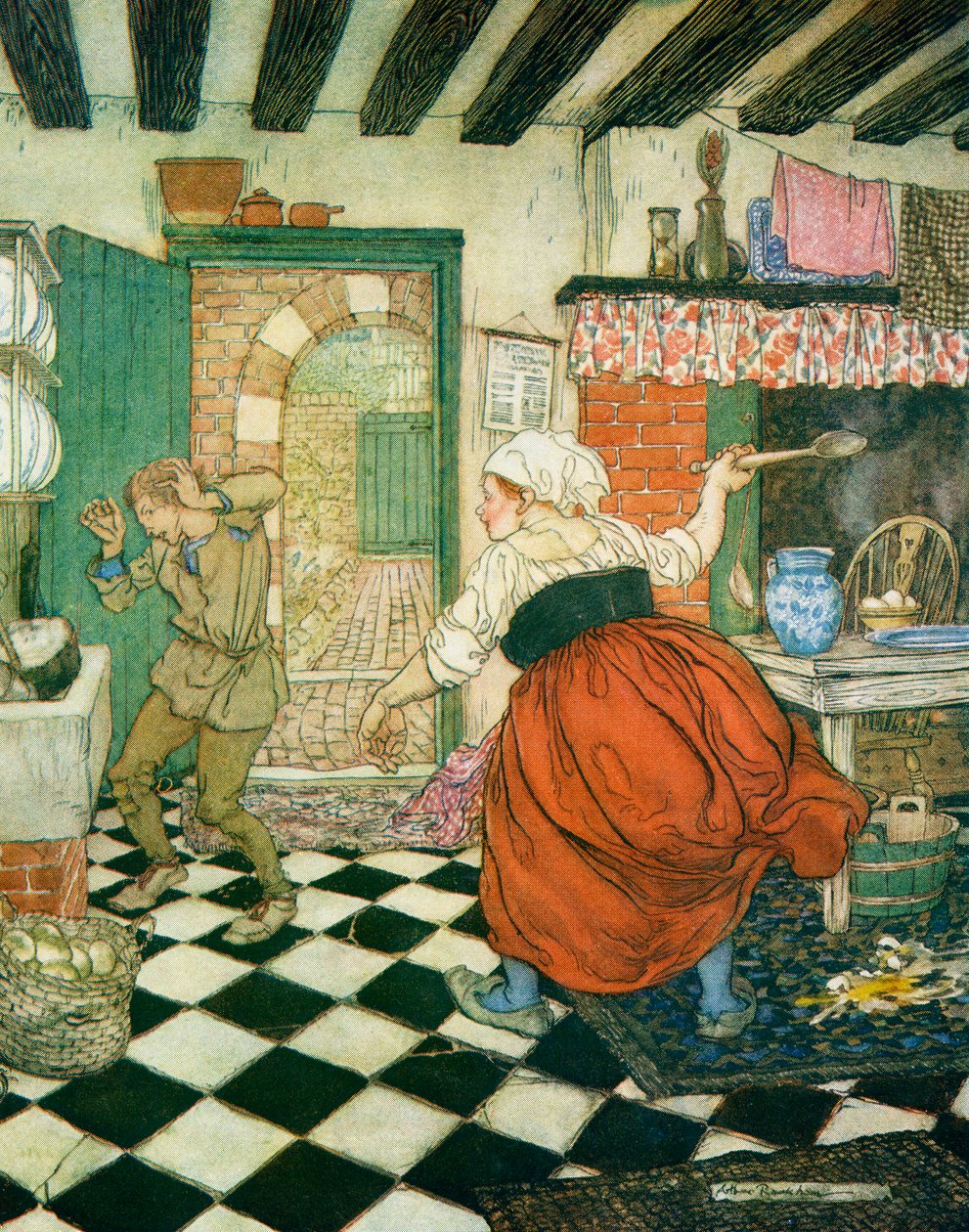 Manys the beating he had from the broomstick or ladle, illustration till Dick Whittington and his Cat, från English Fairy Tales Retold by F.A. Steel, 1927. av Arthur Rackham