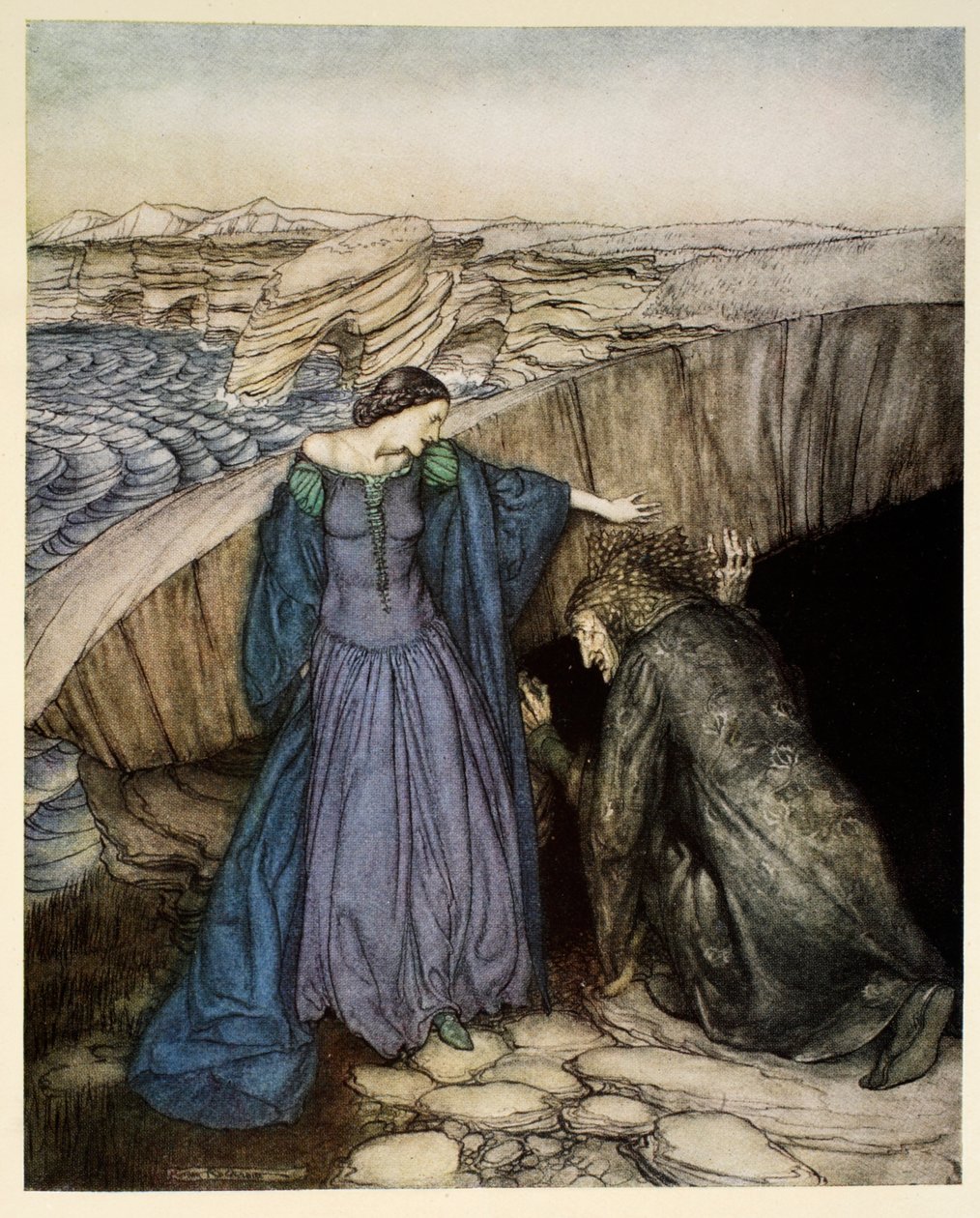 Merlin och Nimue, illustration från "Kung Arthurs romantik och hans riddare vid det runda bordet" av Alfred W. Pollard, 1910 av Arthur Rackham
