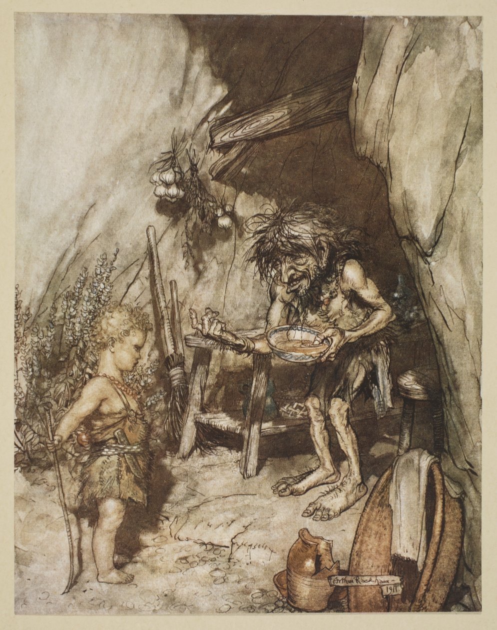Mime and the infant, illustration från "Siegfried and the Twilight of the Gods", 1924 av Arthur Rackham