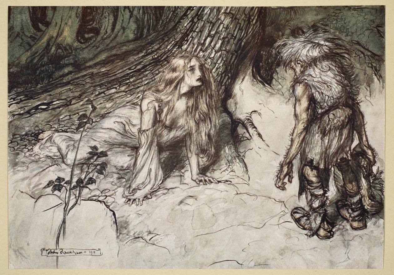 Mime hittar Siegfrieds mor i skogen, illustration från 
