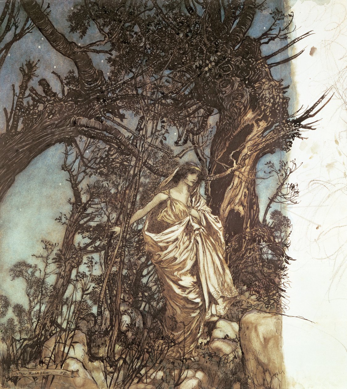 Aldrig så trött, aldrig så olycklig, illustration till "En midsommarnattsdröm", 1908 av Arthur Rackham