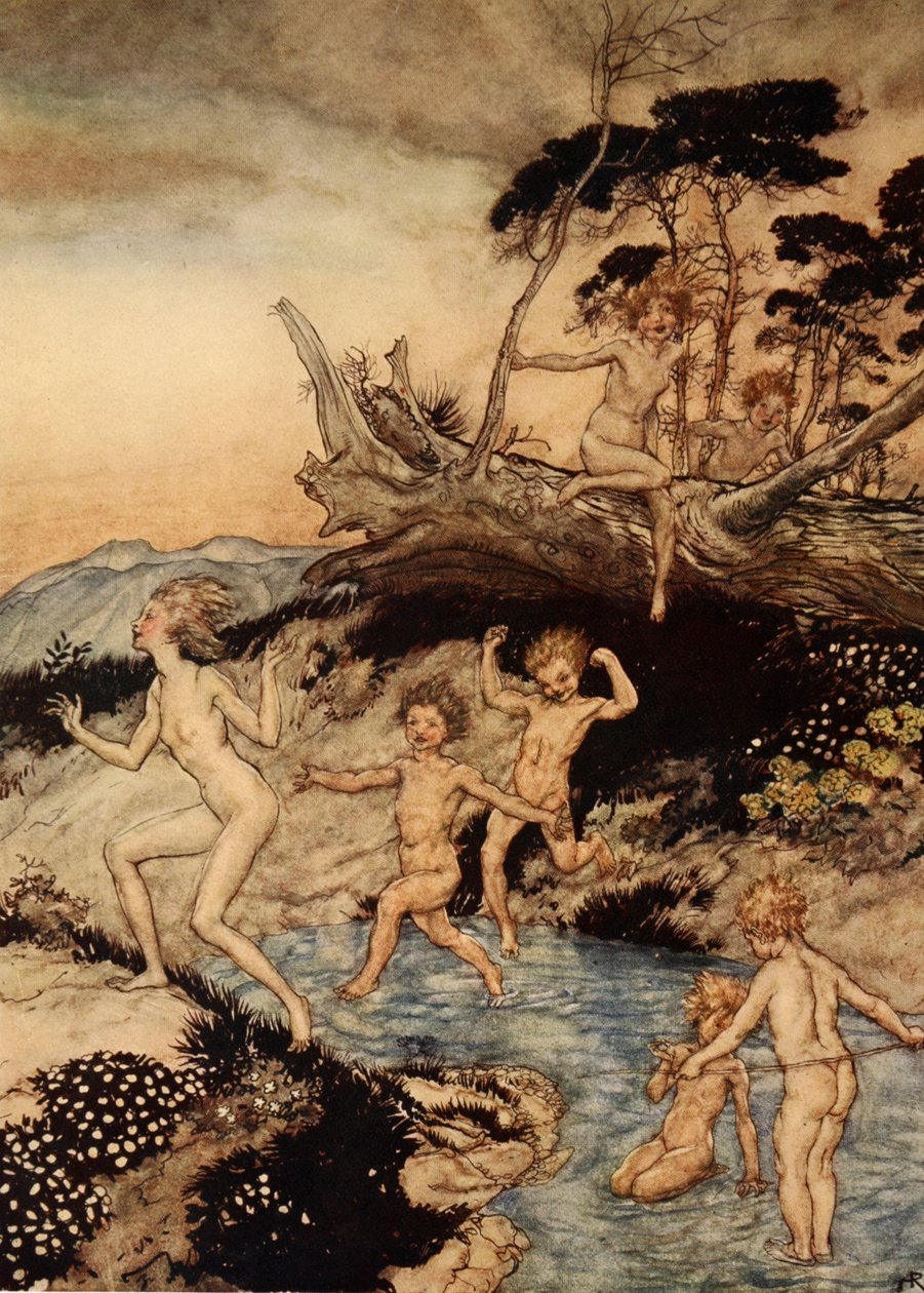 Åh vilken bra tid det var att leva i, illustration från "A Wonder Book for Girls and Boys" av Nathaniel Hawthorne, 1928 av Arthur Rackham
