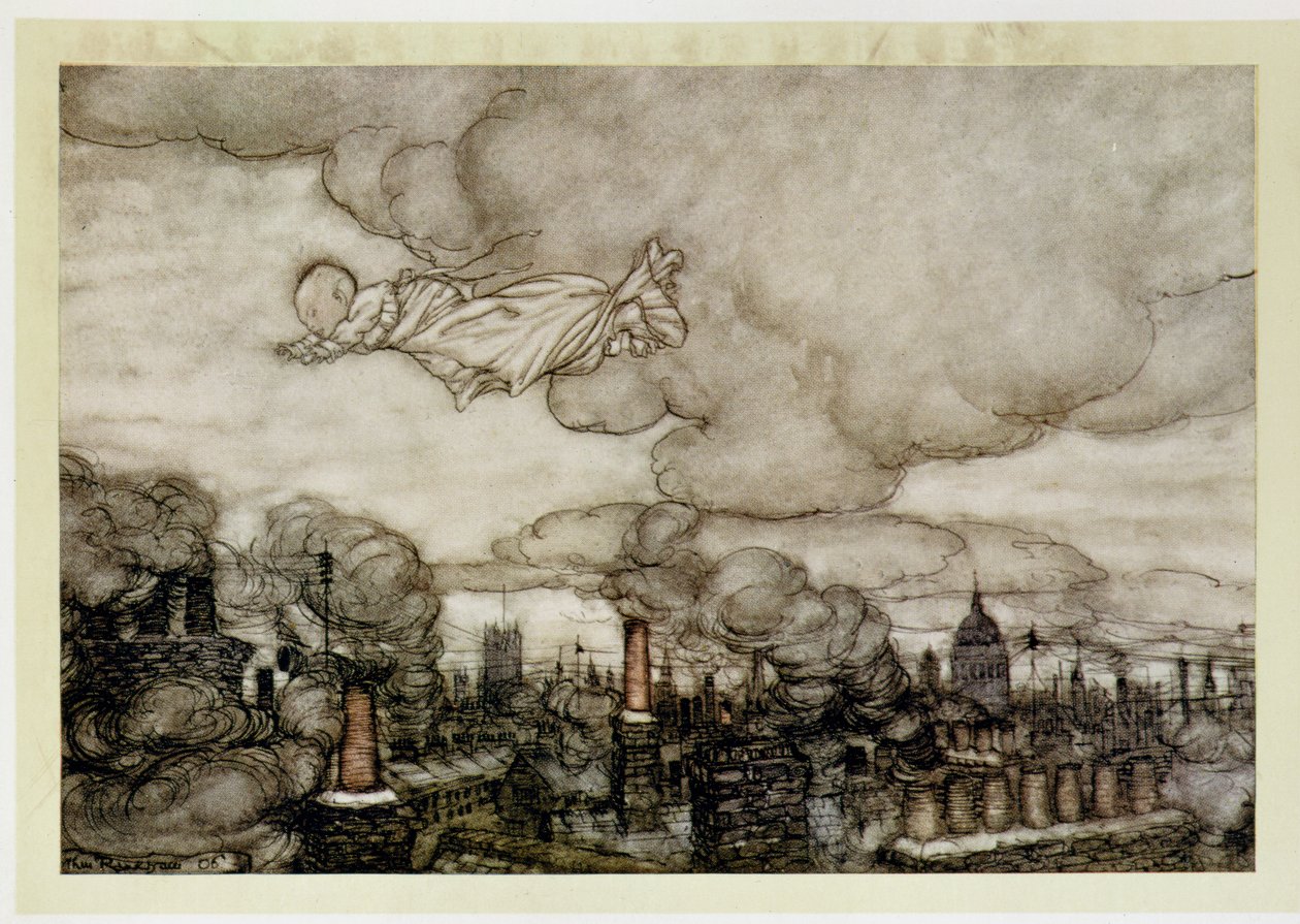 Peter Pan flyger över London, illustration från 