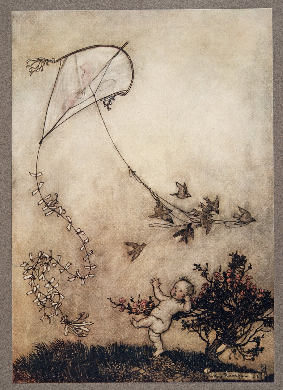 Peter skrek ut Gör det igen! och med mycket god natur gjorde de det flera gånger, från Peter Pan i Kensington Gardens av J M Barrie (1860 - 1937), pub. 1906 av Arthur Rackham