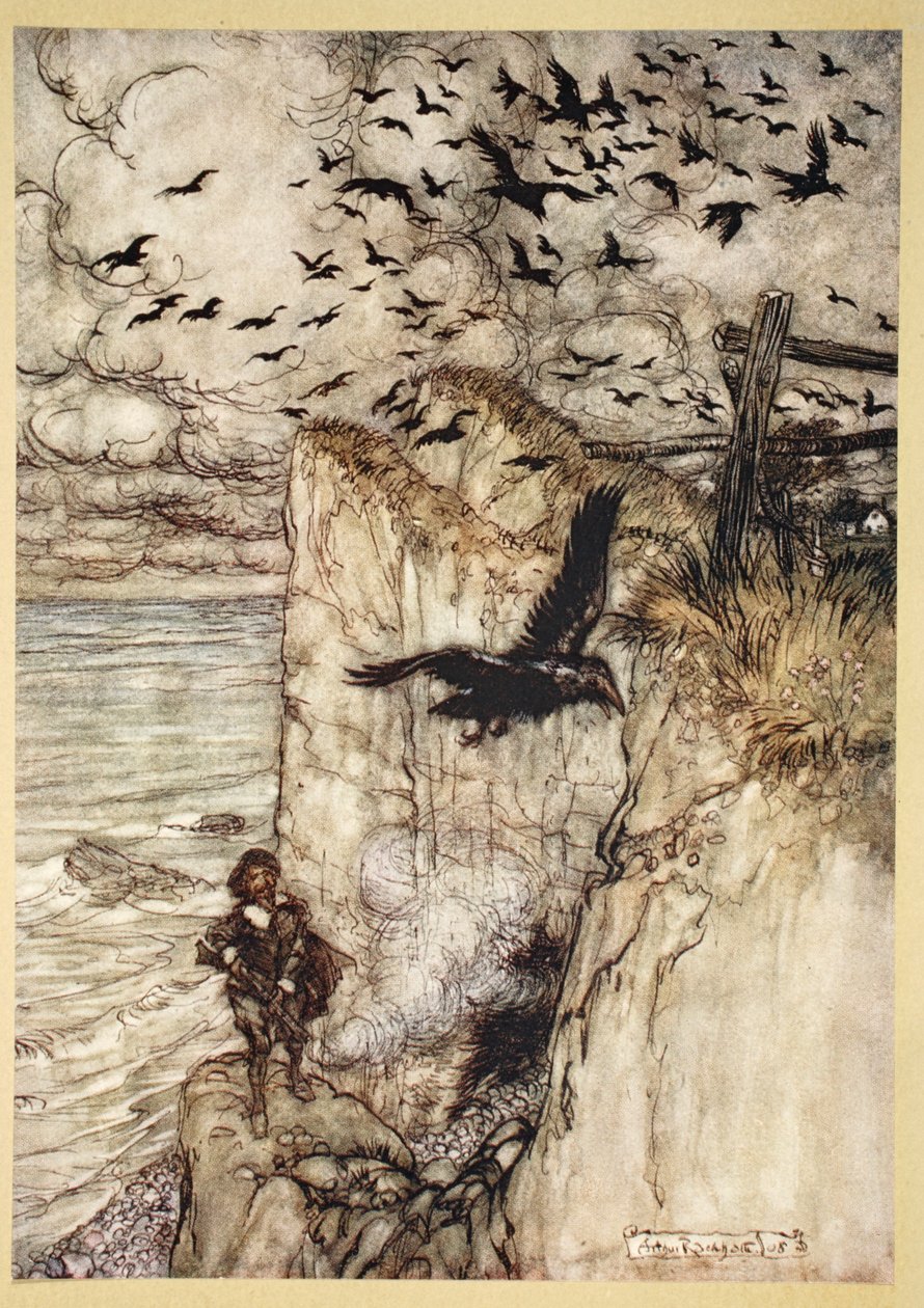 ..Russbeklädda choughs, många i sort, Reser sig och grät åt vapnets rapport, illustration från 
