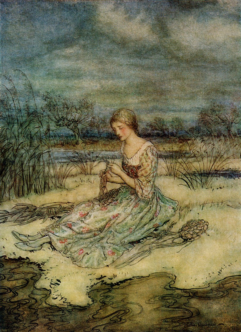 Hon satte sig och flätade på sig en overall av rusar och mössa som skulle matcha, från English Fairy Tales Retold by F.A. Steel, 1927 av Arthur Rackham
