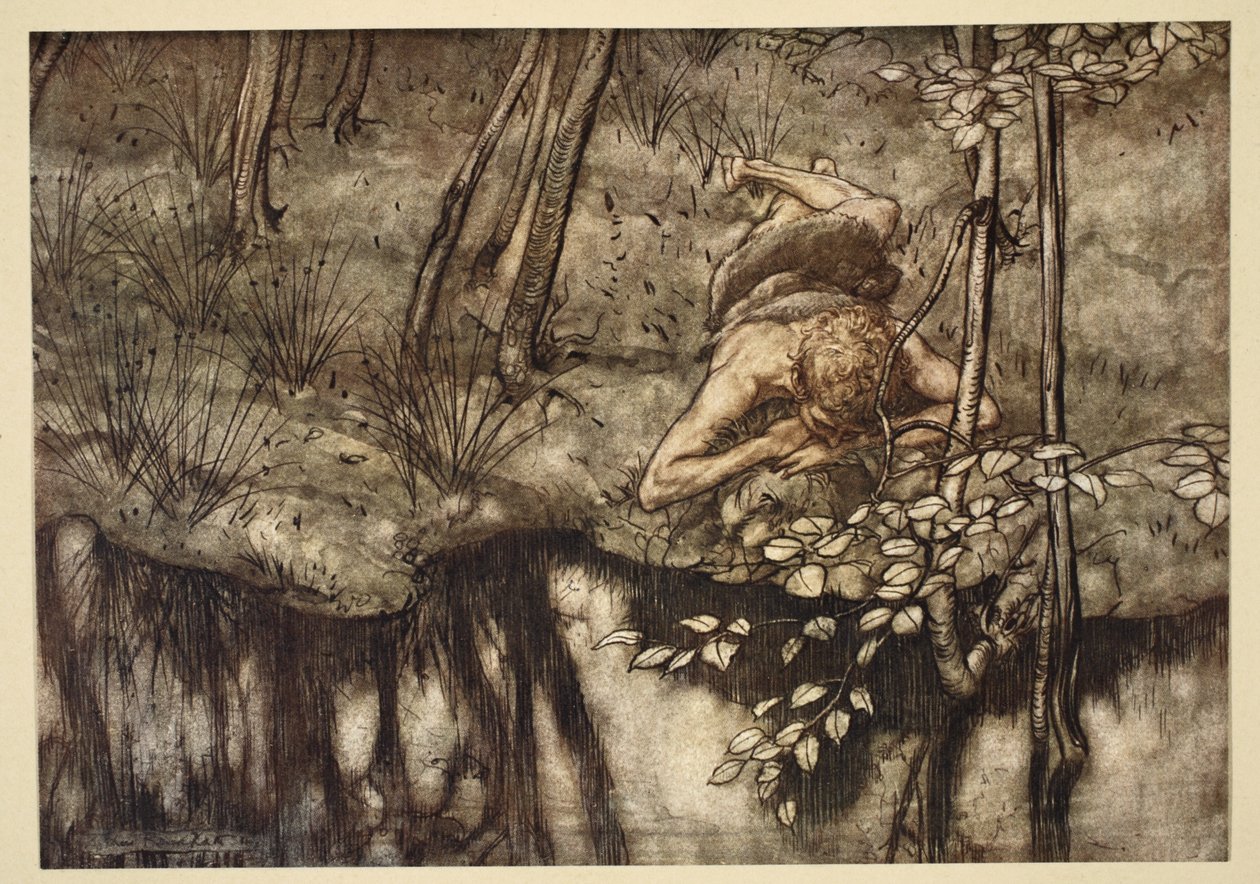 Siegfried ser sig själv i strömmen, illustration från 