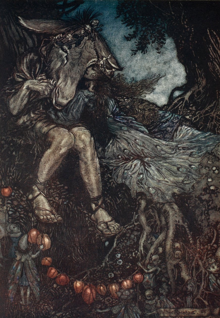 Sov du, så ska jag svepa dig i min famn, illustration från William Shakespeares "Midsommarnattsdröm", 1908. av Arthur Rackham
