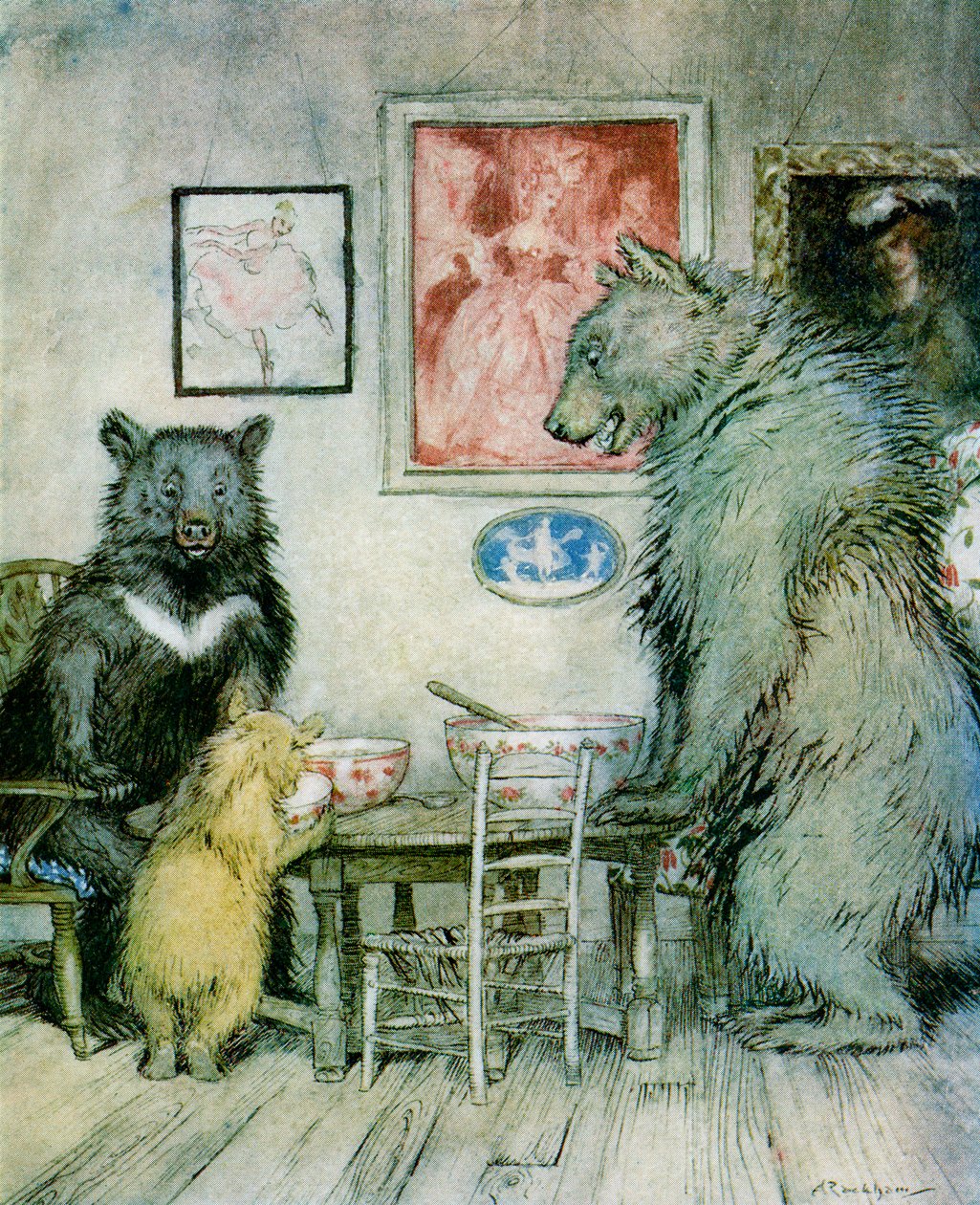 Någon har varit på min gröt och har ätit upp allt, från "English Fairy Tales Retold" av F.A. Steel, publicerad 1927 av Arthur Rackham