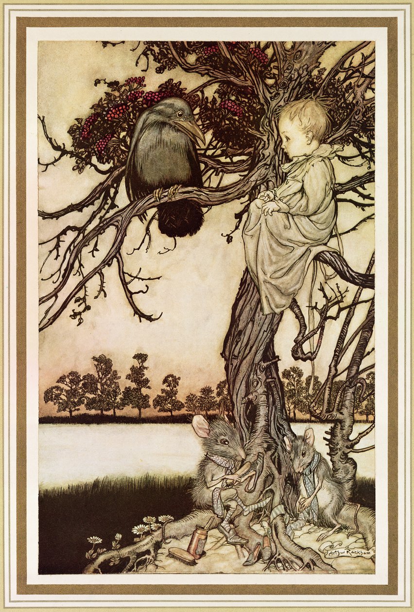 Talking to the Crow från "Peter Pan in Kensington Gardens" av J.M. Barrie, 1906 av Arthur Rackham