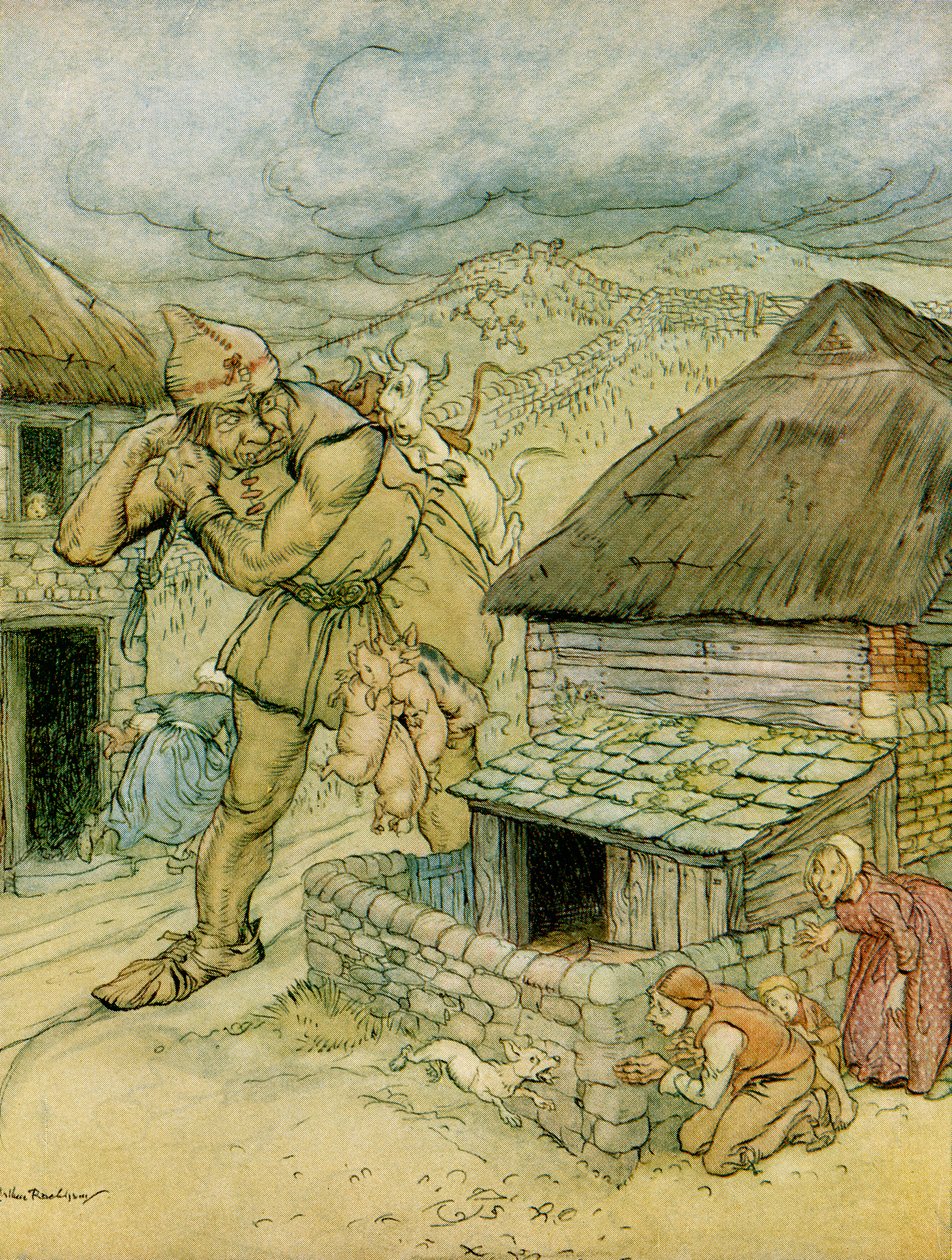 Jätteskarven var hela landsbygdens skräck, illustration till Jack the Giant Killer från English Fairy Tales Retold by F.A. Steel, 1927 av Arthur Rackham