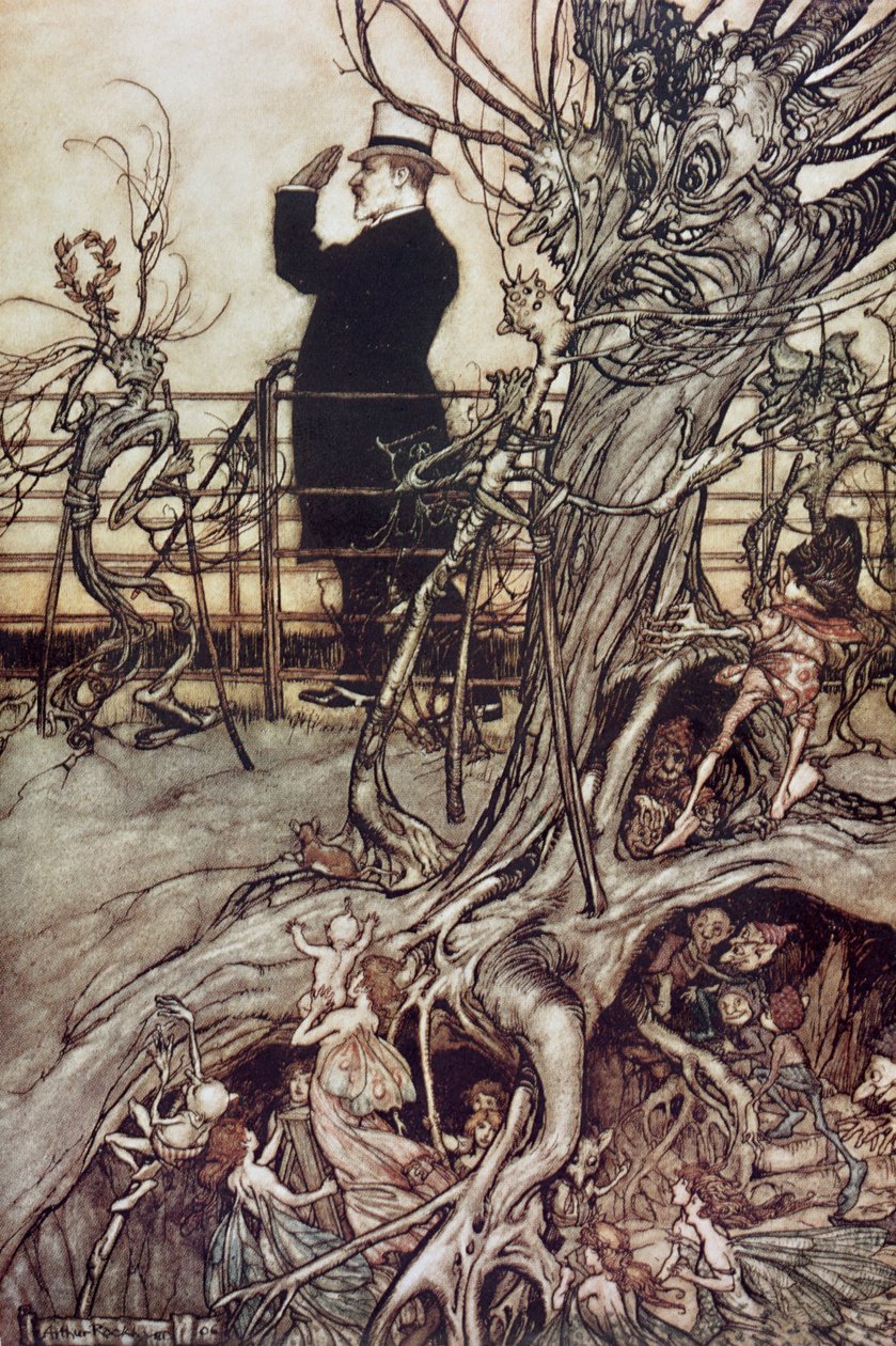 Kensington Gardens ligger i London, där kungen bor från "Peter Pan in Kensington Gardens" av J.M. Barrie, 1906 av Arthur Rackham