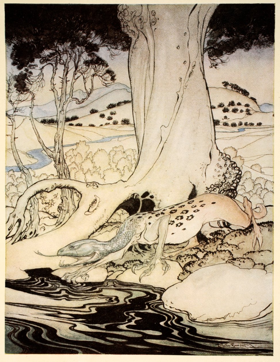The Questing Beast, illustration från "The romance of King Arthur and his knights of the Round Table" av Alfred W. Pollard, 1910 av Arthur Rackham