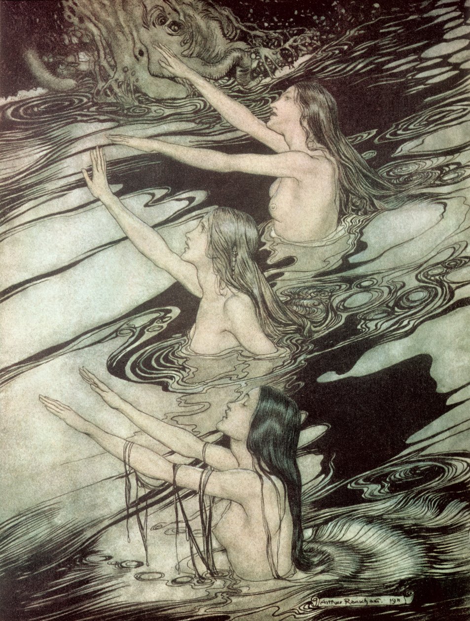 Rhenjungfrurna, ur "Siegfried och gudarnas skymning" av Richard Wagner, 1911 av Arthur Rackham