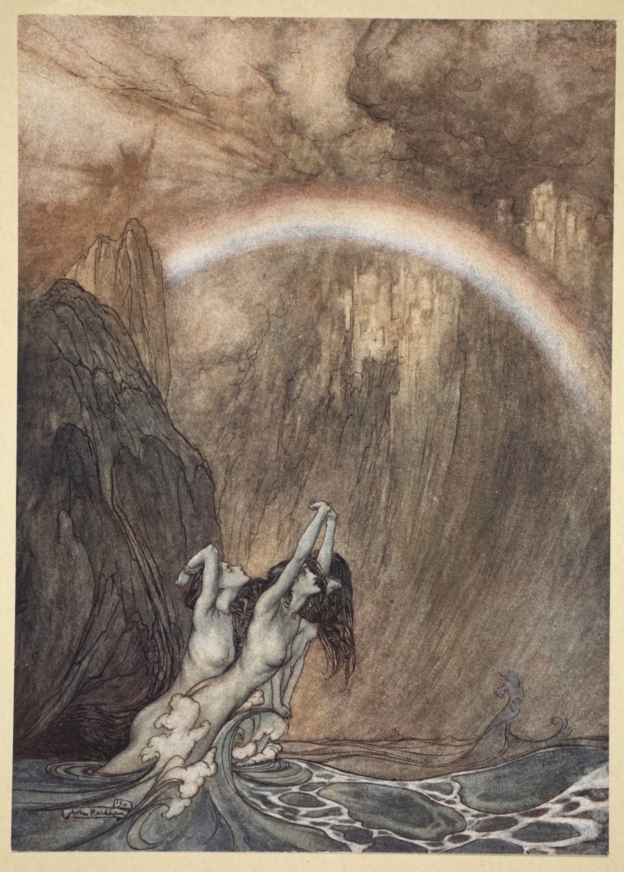 Rhenens sköna barn, som gråter över sitt förlorade guld, illustration från "Rhenegold och Valkyria", 1910 av Arthur Rackham