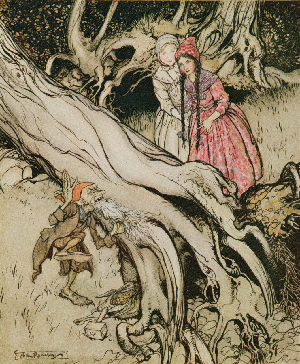 Änden av hans skägg fastnade i ett träd, illustration från "Snow White and Rose Red", från Fairy Tales of the Brothers Grimm, 1900 av Arthur Rackham