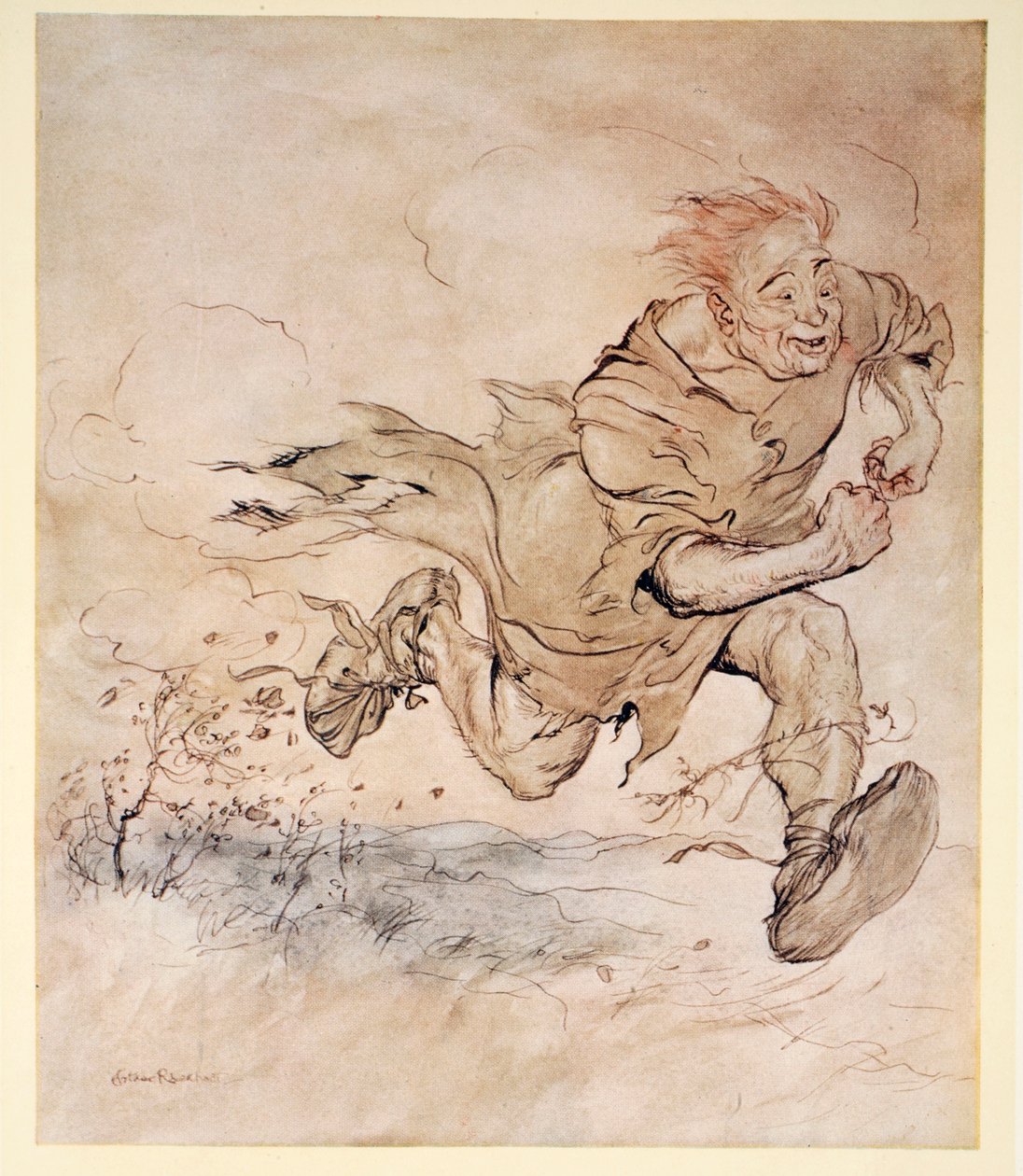 Dunkandet av hans stora stövlar växte lika kontinuerligt som klappandet av hagelstenar på taket, och vinden från hans gång blåste ner träden, illustration från "Irish Fairy Tales" av James Stephens, 1920 av Arthur Rackham