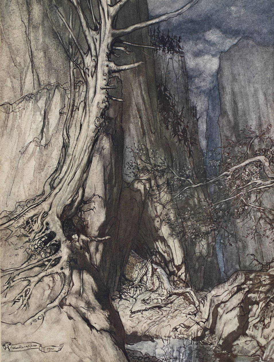 "Där bor en fruktansvärd drake, som i en grotta vakar över Alberichs ring", illustration från "Rhinegold och valkyrian", 1910. av Arthur Rackham