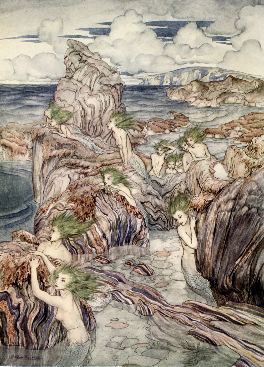 De har havsgrönt hår, illustration från "A Wonder Book for Girls and Boys" av Nathaniel Hawthorne, 1928 av Arthur Rackham