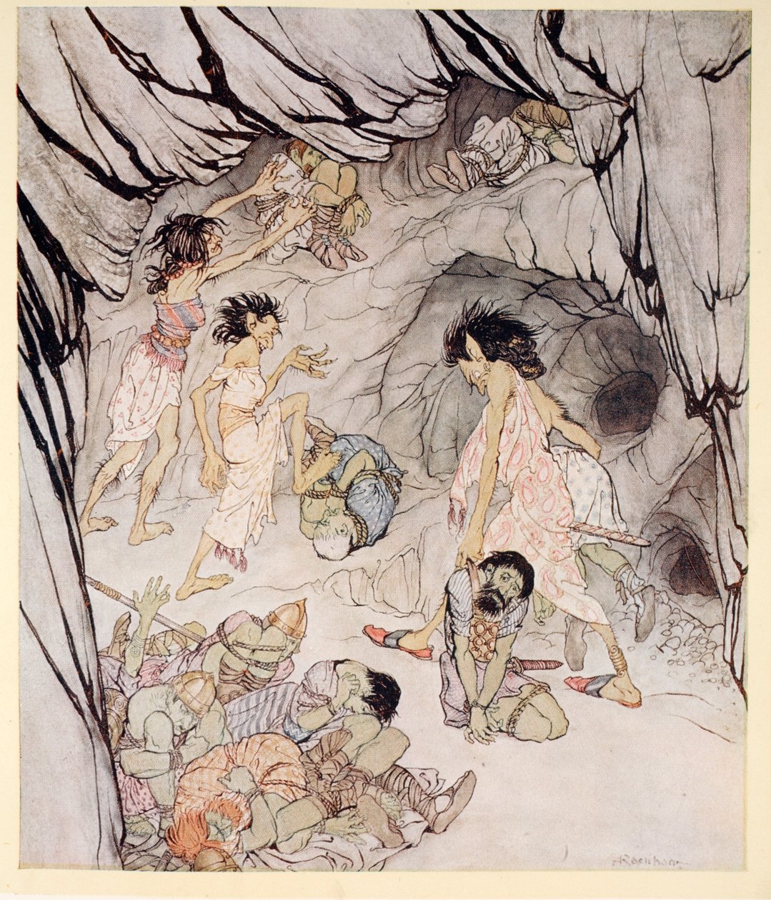 Den här är fet, sa Cuillen, och hon rullade en skrymmande Fenian längs som ett hjul, illustration från "Irish Fairy Tales" av James Stephens, 1920 av Arthur Rackham