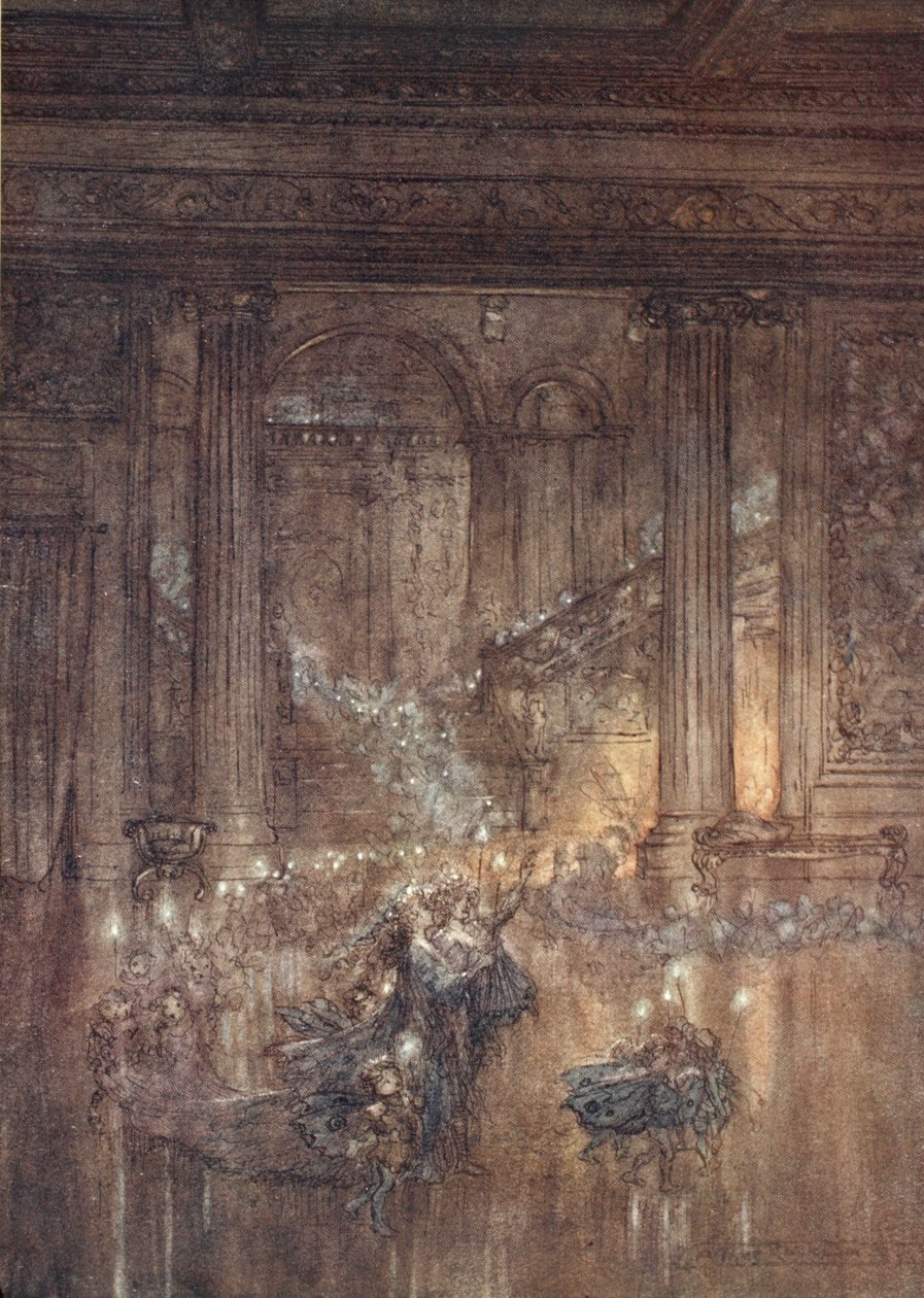 Genom huset skimrar ljuset, vid den döda och sömniga elden, illustration från "Midsommarnattsdrömmen" av William Shakespeare, 1908 av Arthur Rackham