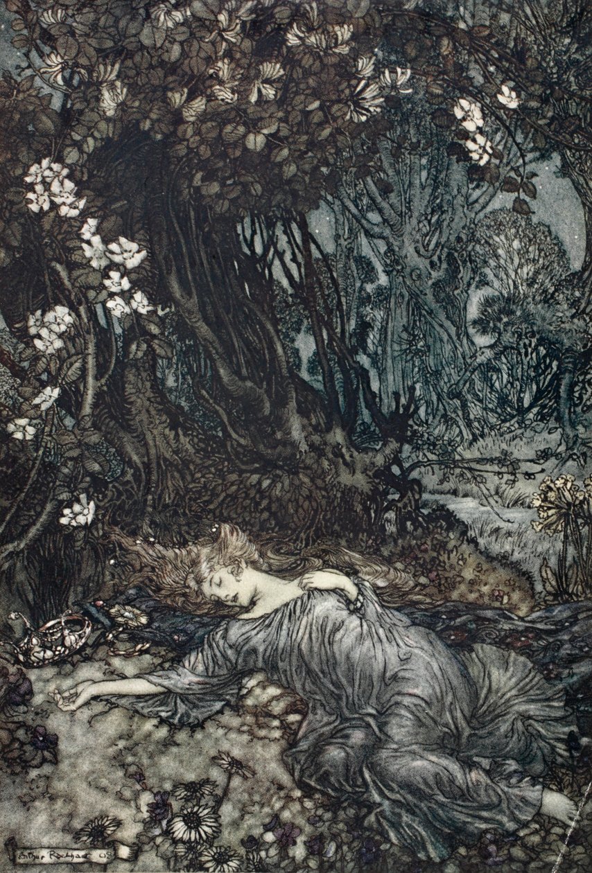 Titania ligger och sover, illustration från "Midsummer Nights Dream" av William Shakespeare, 1908 av Arthur Rackham