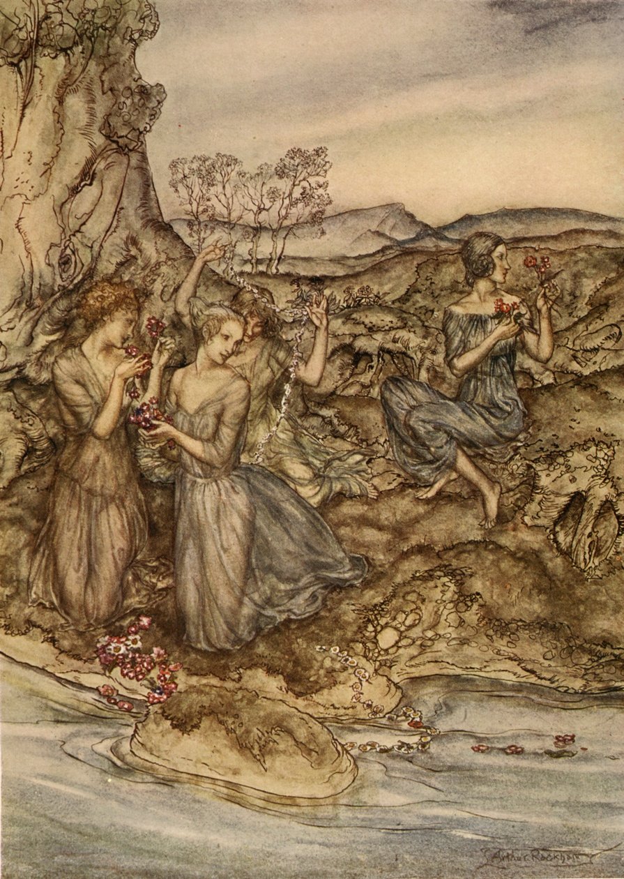 Tvinna kransar av blommor, illustration från "A Wonder Book for Girls and Boys" av Nathaniel Hawthorne, 1928 av Arthur Rackham