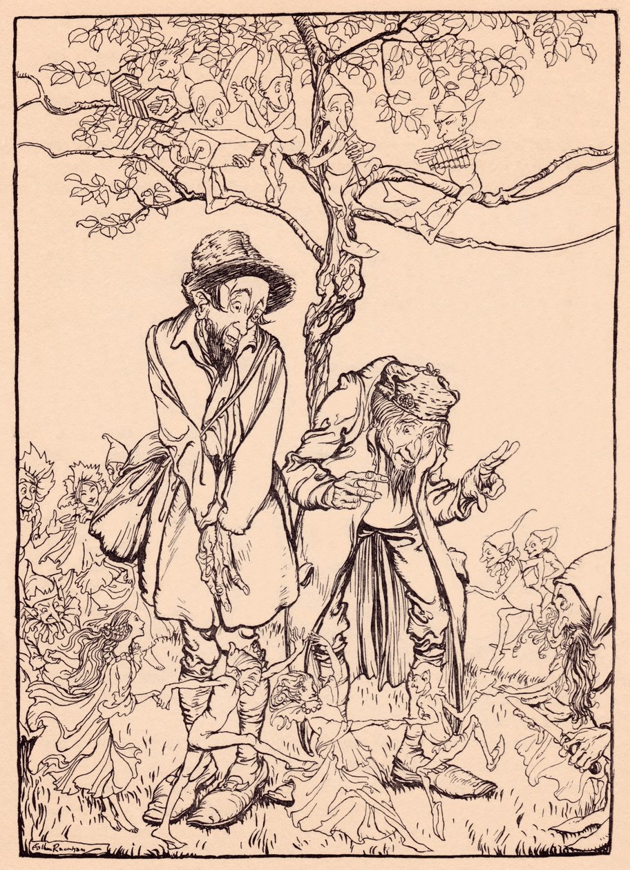 "När det var tillräckligt skarpt såg han sig omkring på främlingar", illustration från "Grimms saga, de små folkets presenter" av Arthur Rackham