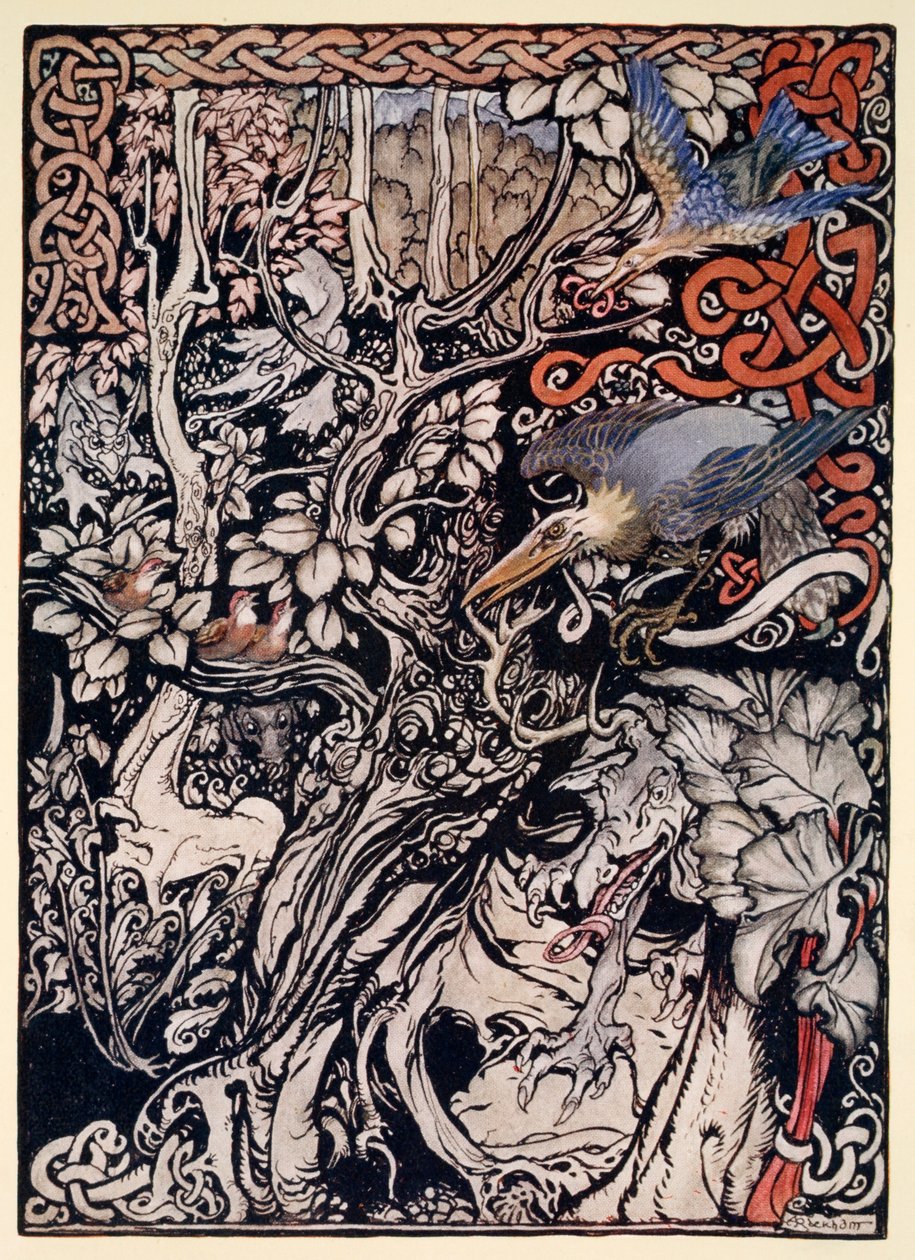 "Vilda och skygga och monstruösa varelser sträckte sig i hennes slätter och skogar", illustration från "Irish Fairy Tales" av James Stephens, 1920 av Arthur Rackham