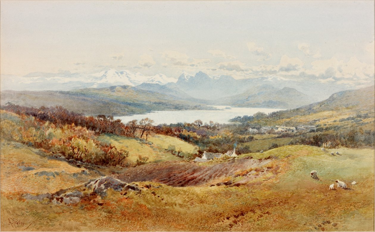 Landskap - Langdale Pikes (kroppsfärg, penna och wc på papper) av Arthur Tucker
