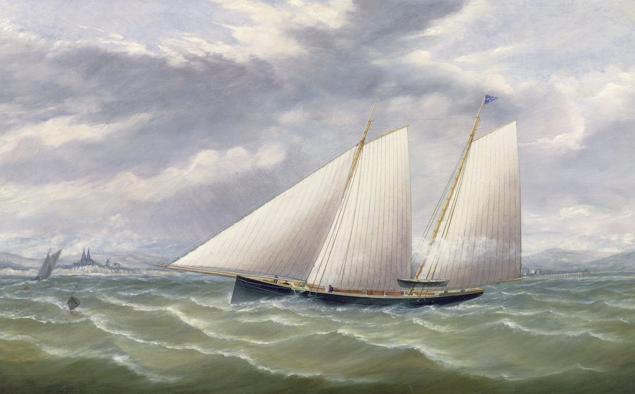 En kutter i en stark vind som flyger en burgee från Royal Thames Yacht Club av Arthur Wellington Fowles